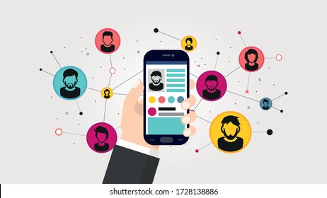 Social Network Illustration. Phone In A Male Hand On A Background Of A Network Of Contacts. EPS 10 Vector For Use On Web Pages, In Advertising, Applications.