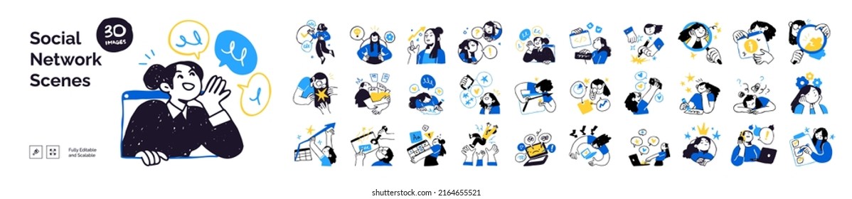 Social network illustrations. Collection of different scenes and situations. Trendy vector style