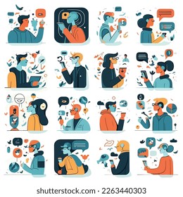 Social network illustrations. Collection of different scenes and situations. Trendy vector style