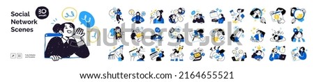 Social network illustrations. Collection of different scenes and situations. Trendy vector style