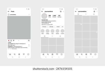 Social network Instagram interface mockup template. Post  profile and grid template. Internet application. Instagram Profile Gallery Follower News Feed Elements social media pages mobile phone vector