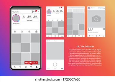 Social network interface app mobile mock-up flat style. UI UX Web site mobile template Vector template application