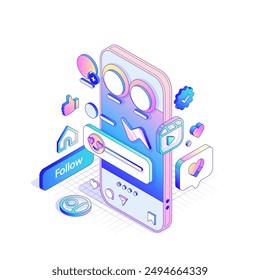 Social Network Interface concept. Social Media engagement posts concept. Isometric glamorous Vector illustration in different dimensions