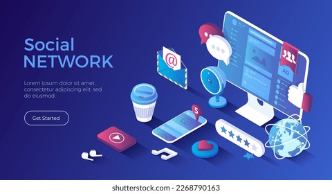 Social Network, Internet Communication. Social media website pages on phone and monitor screens. Chat, app, messages, notifications. Isometric landing page. Vector web banner.