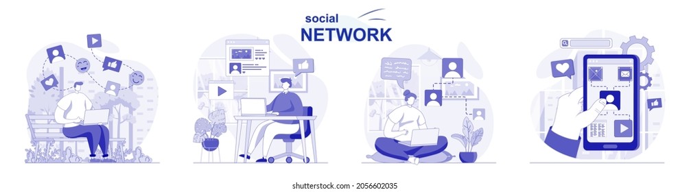 Red social aislada en diseño plano. Gente charlando con amigos, navegando, publicando fotos, recogiendo escenas. Ilustración vectorial para blogs, sitio web, aplicación móvil, materiales promocionales.
