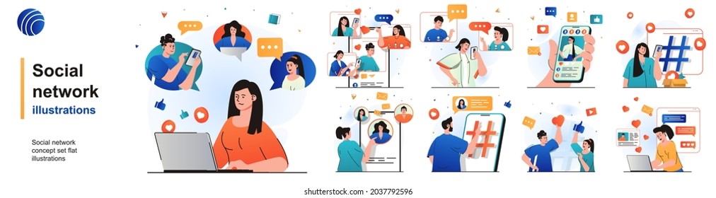 Social network isolated set. Users browsing, post photos, comment, chatting. People collection of scenes in flat design. Vector illustration for blogging, website, mobile app, promotional materials.