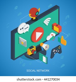 Social network isometric composition with 3d media icons near monitor on blue background vector illustration