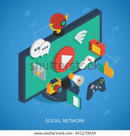 Social network isometric composition with 3d media icons near monitor on blue background vector illustration