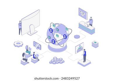 Social network isometric concept in outline isometry design for web. People communicating online with global friends, subscribing to blog profiles, likes, shares of new posts. Vector illustration.