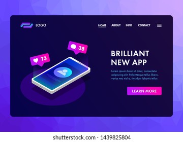 Social network isometric concept template for landing page, banners, website slider. Mobile smartphone with like and message bubbles. Modern flat design.