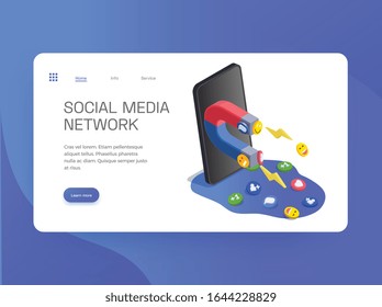 Social network isometric design of web site landing page with images of smartphone magnet and links vector illustration