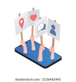 Social network isometric icons composition with image of smartphone and human hands holding placards with reactions vector illustration
