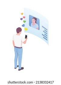 Social network isometric icons composition with character of male user upvoting female profile with heart symbols vector illustration