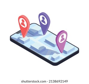 Social network isometric icons composition with image of smartphone with city map and location signs vector illustration
