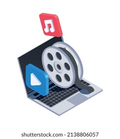 Social network isometric icons composition with isolated image of laptop with music and movie pictograms vector illustration