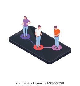 Social network isometric icons composition with human characters of standing people on top of smartphone screen vector illustration