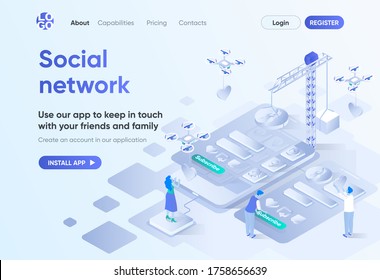 Social network isometric landing page. Mobile communication service, online chatting and media content sharing. Messaging template for CMS and website builder. Isometry scene with people characters