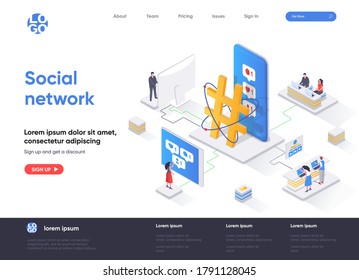 Soziales Netzwerk isometrische Landung Seite. Internetkommunikation, gemeinsame Nutzung von Inhalten in sozialen Netzwerken, Versendung von Nachrichten-Isometrie-Webseiten. Website flache Vektorgrafik mit Menschen Zeichen.