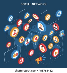 Social Network Isometric Set With Colored Icons Connected With Dotted Lines On The Map Background Vector Illustration