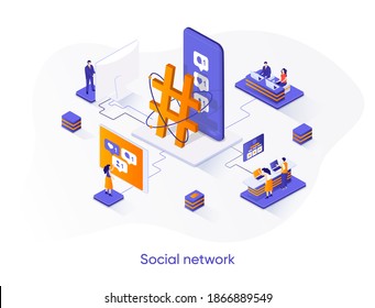 Social network isometric web banner. Internet community communication isometry concept. Social media content sharing 3d scene, posting message flat design. Vector illustration with people characters.