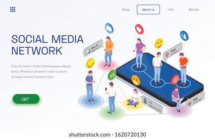 Social network isometric web site landing page design with human characters emoji pictograms and clickable links vector illustration