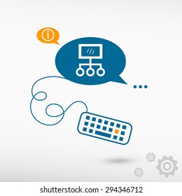 Social network and keyboard on chat speech bubbles. Line icons for application and creative process.