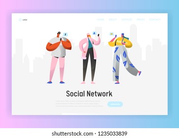 Social Network Landing Page Template. Young People Characters Chatting Using Smartphone for Website or Web Page. Virtual Communication Concept. Vector illustration