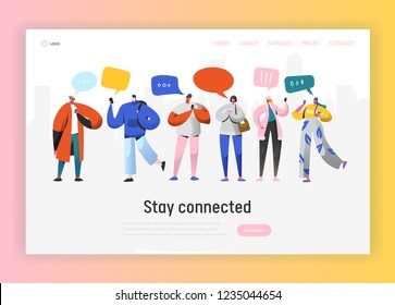 Social Network Landing Page Template. Group of Young People Characters Chatting Using Smartphone for Website or Web Page. Virtual Communication Concept. Vector illustration