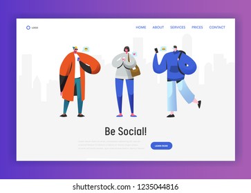 Social Network Landing Page Template. Young People Characters Chatting Using Smartphone for Website or Web Page. Virtual Communication Concept. Vector illustration