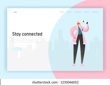 Social Network Landing Page Template. Woman Character Communicating Using Smartphone for Website or Web Page. Virtual Communication Concept. Vector illustration