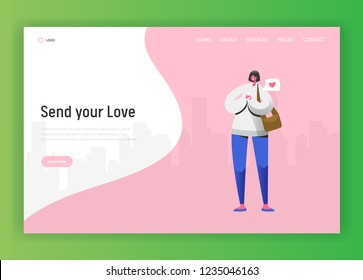 Social Network Landing Page Template. Woman Character Chatting Using Smartphone for Website or Web Page. Virtual Communication Concept. Vector illustration