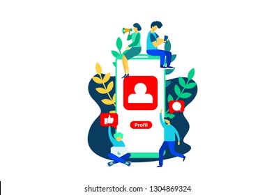 Social Network Landing Page Template. like comment and profil Group of Young People Characters Chatting Using Smartphone for Website or Web Page. Virtual Communication Concept. Vector illustration 