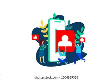 Social Network Landing Page Template. like comment and profil Group of Young People Characters Chatting Using Smartphone for Website or Web Page. Virtual Communication Concept. Vector illustration 