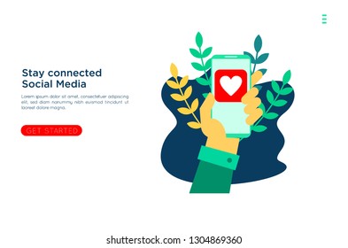 Social Network Landing Page Template. like comment and profil Group of Young People Characters Chatting Using Smartphone for Website or Web Page. Virtual Communication Concept. Vector illustration 