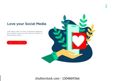 Social Network Landing Page Template. like comment and profil Group of Young People Characters Chatting Using Smartphone for Website or Web Page. Virtual Communication Concept. Vector illustration 