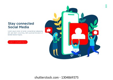 Social Network Landing Page Template. like comment and profil Group of Young People Characters Chatting Using Smartphone for Website or Web Page. Virtual Communication Concept. Vector illustration 