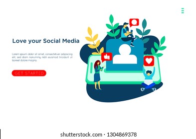 Social Network Landing Page Template. like comment and profil Group of Young People Characters Chatting Using Smartphone for Website or Web Page. Virtual Communication Concept. Vector illustration 