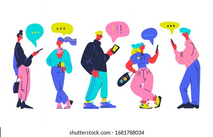 Plantilla de página de inicio de red social. Grupo de diferentes personajes de personas que hablan usando Smartphone para sitio web o página web. Concepto de comunicación virtual. Ilustración del vector