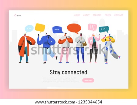 Social Network Landing Page Template. Group of Young People Characters Chatting Using Smartphone for Website or Web Page. Virtual Communication Concept. Vector illustration