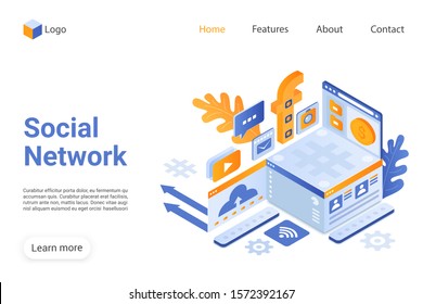 Social network landing page vector template. Communication technology website homepage interface layout with isometric illustration. Global internet connection web banner, webpage 3D concept