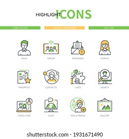 Social network - line design style icons set. Digital marketing and communication idea. Male and female users, group, messages, favorites, contacts, likes, search, video chat, add a friend, gallery
