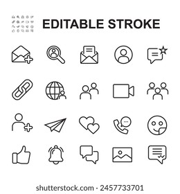 Social network line icon. Contains icons such as send message, like, follow, and many more.
