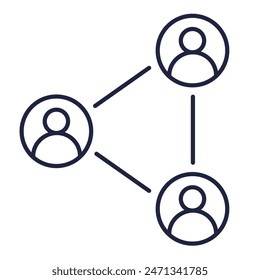 Social network line icon. Global business communication, connection concept. 3 people group, team. IOT, Technology. Logo symbol for web, mobile. White background. Editable vector stroke. Pixel Perfect