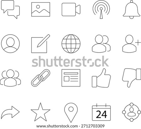 Social Network Line Icons Set. Vector Outline Symbols for Communication, Media, Sharing, User Interface, and Web Interaction.