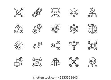 Social Network lines icon set. Social Network genres and attributes. Linear design. Lines with editable stroke. Isolated vector icons.