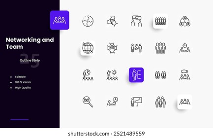 Social Network lines icon set. Social Network genres and attributes. Linear design. Lines with editable stroke. Isolated vector icons.