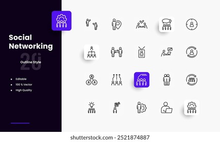 Conjunto de iconos de líneas de red social. Géneros y atributos de redes sociales. Diseño lineal. Líneas con trazo editable. Iconos aislados del vector.