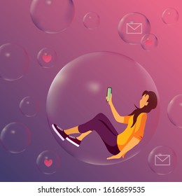 Social network, Love and relationships, communication, Valentine's Day concept. Young woman in bubble chatting from a cellphone. Vector illustration for banner, poster, card, postcard.