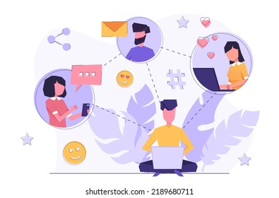 Social network. A man with a laptop sitting and chatting with friends in dialog boxes