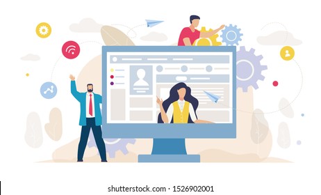 Social Network Management And Marketing. Cartoon Businessman, Female Coach And Male Developer Characters. Huge Computer Monitor With Woman Mentor On Screen. Video Tutorial. Vector Flat Illustration